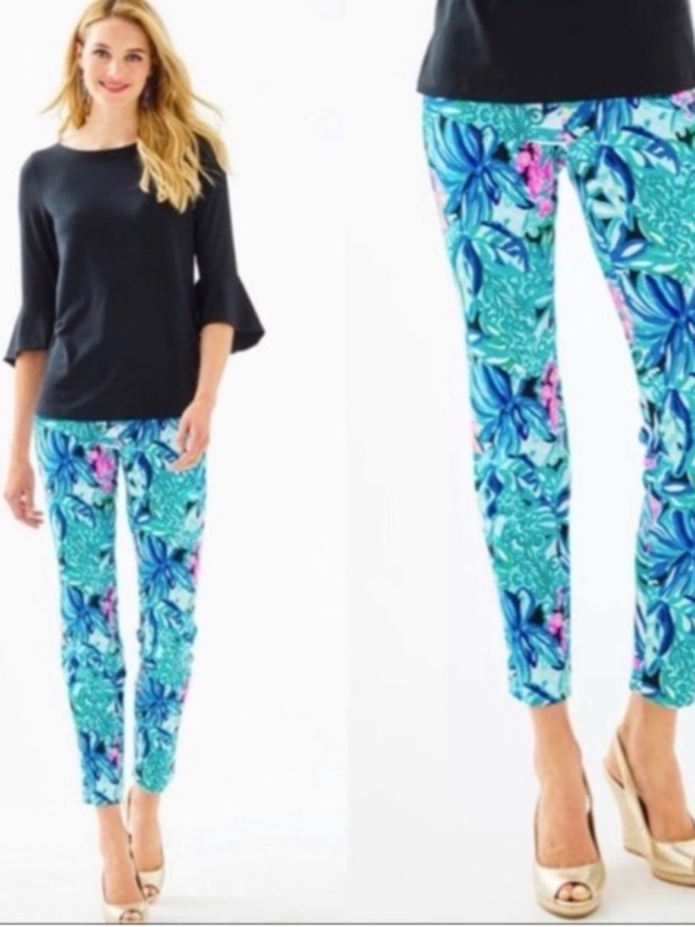 Lilly Pulitzer Blue, Teal & Pink Tropical Kelly skinny ankle pants